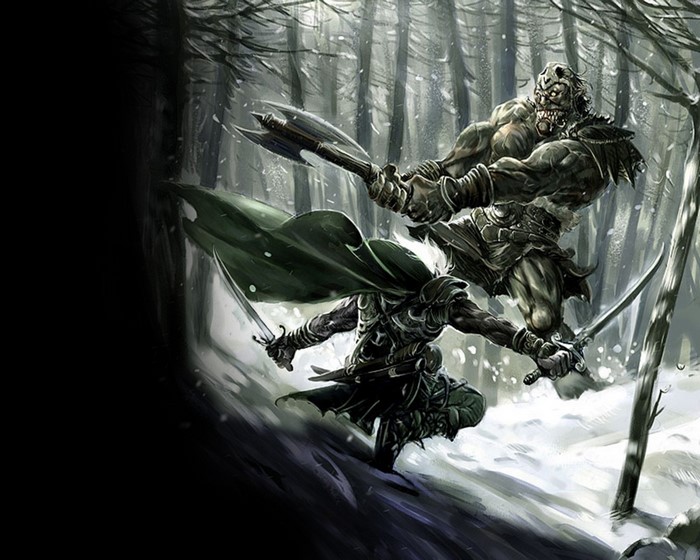 Fantasy warrior fighting a giant in a winter forest