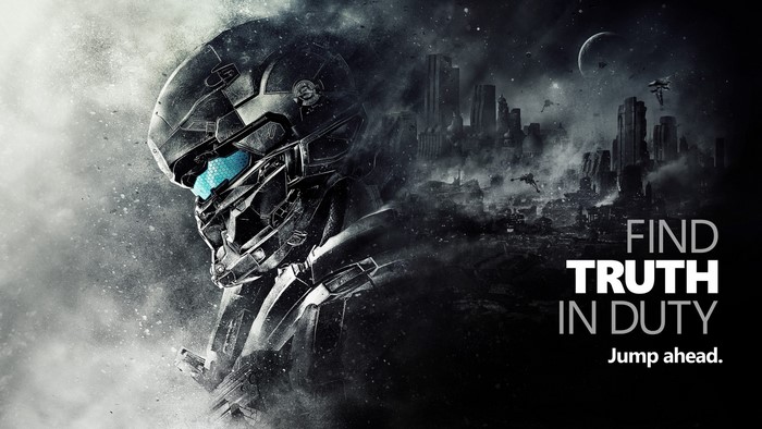 Master Chief from Halo 5 in a destroyed city