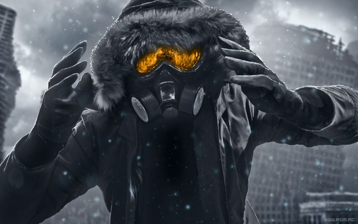 Man in gas mask and fur-lined hood in apocalyptic city