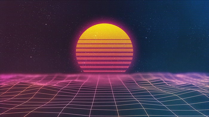 Retro digital art of a sunset over a grid landscape