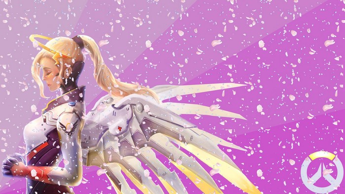 Mercy from Overwatch with falling petals