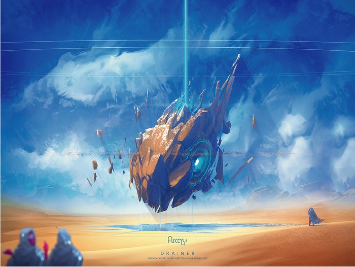Floating rock formation with blue beam in desert