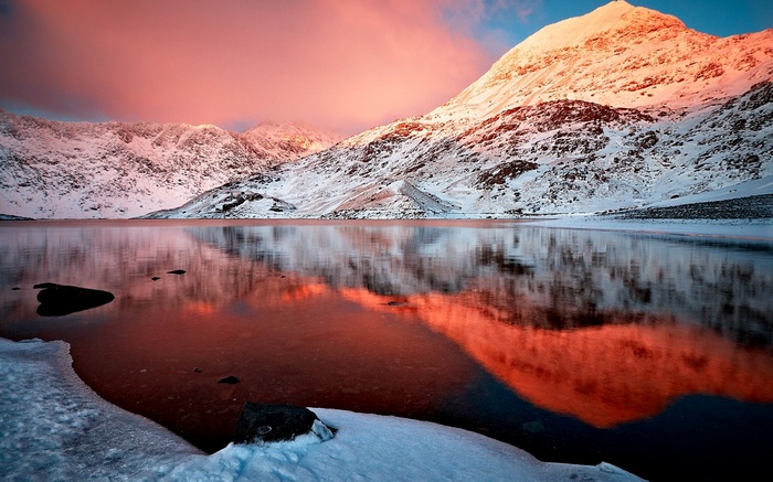 Snowy Mountains Reflecting in a Lake at Sunset