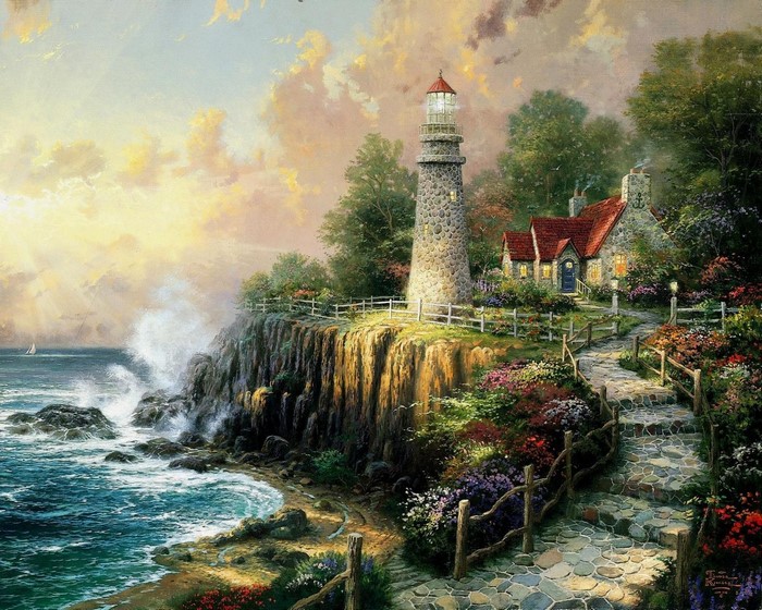 Thomas Kinkade painting of a lighthouse and cottage on a cliff