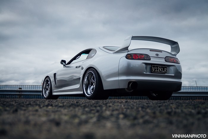Silver Toyota Supra with Large Rear Spoiler