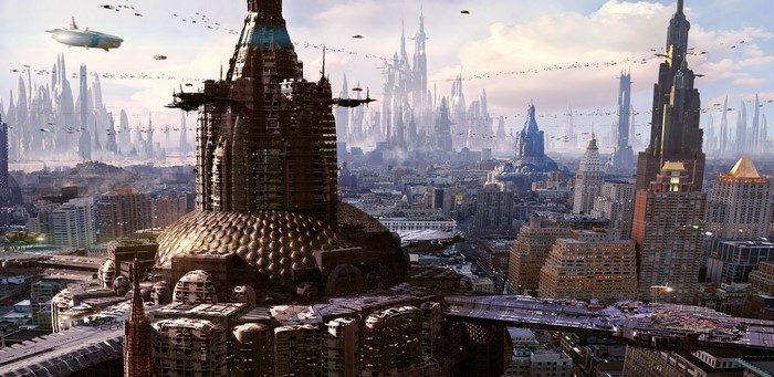 Futuristic city with flying vehicles and towering skyscrapers