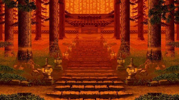 Pixel art of a Japanese temple in an orange forest