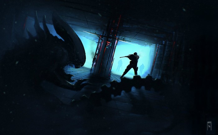 Xenomorph and soldiers in a dark corridor