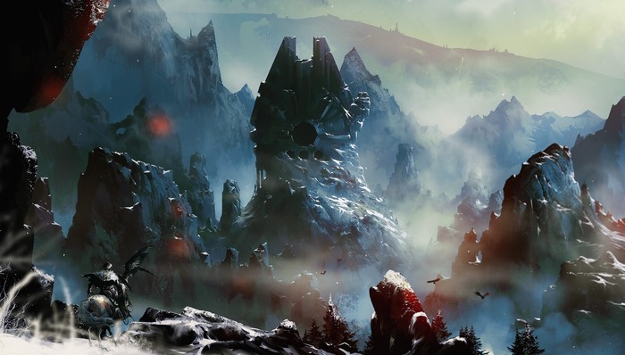 Millennium Falcon in a rocky, misty landscape