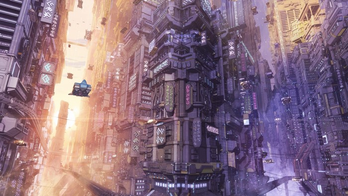 Futuristic city with flying vehicles and towering buildings