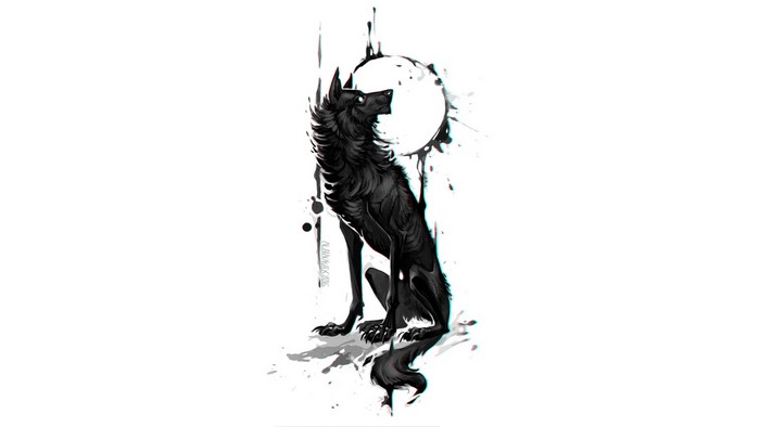 Black wolf sitting in front of a moon with abstract ink splatters