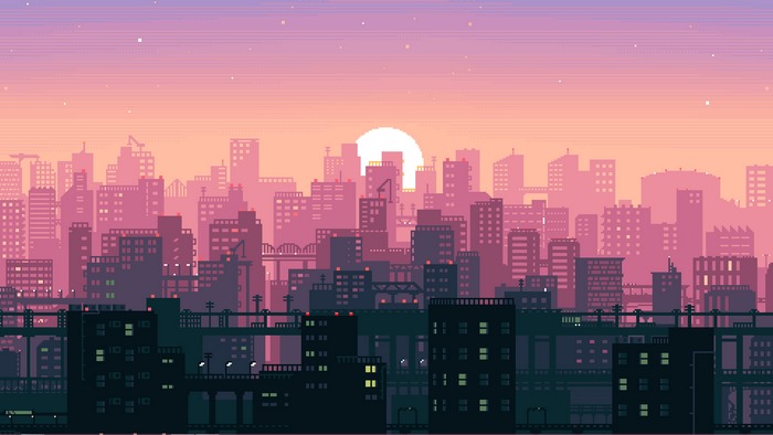 Pixel art cityscape at sunset with sun