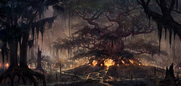 Fantasy swamp with glowing crystals and ancient trees