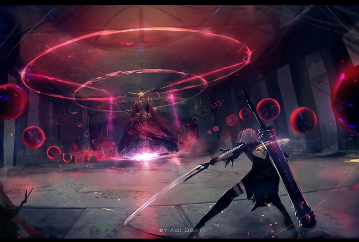 2B from Nier: Automata in battle with a red-robed figure
