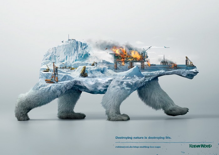 Polar bear made of ice and snow with oil rig on fire