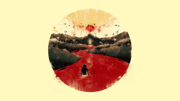 Vietnam War scene with helicopters and river