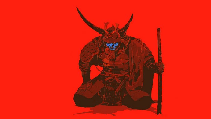 Samurai warrior with blue mask and sword