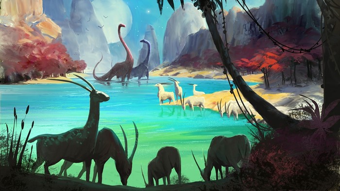 Prehistoric landscape with dinosaurs and antelopes by a lake
