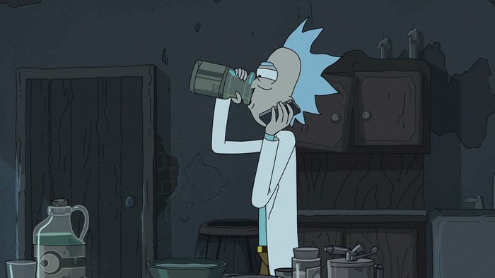 Rick Sanchez from Rick and Morty drinking from a flask
