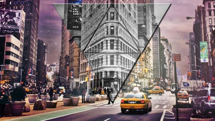 New York City street with yellow taxis and buildings