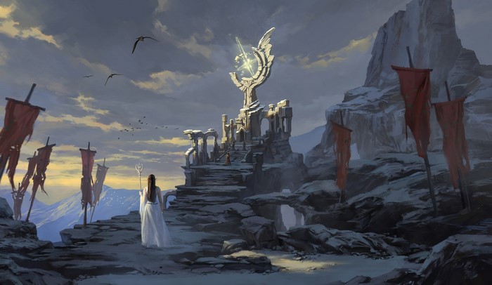 Fantasy art of a woman at a stone altar