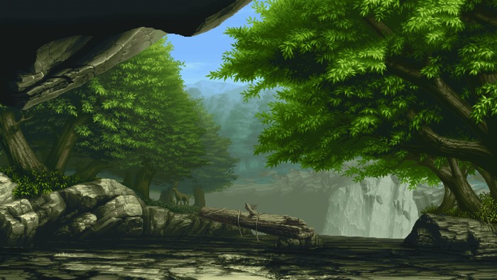 Pixel art forest with trees, rocks, and a waterfall