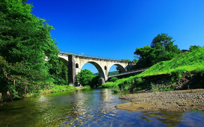 Stone bridge over a river surrounded by greenery