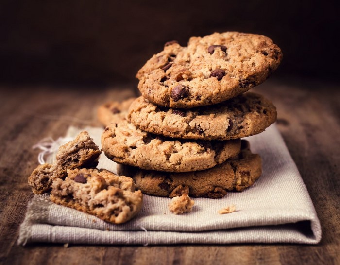 Stack of chocolate chip cookies on a napkin