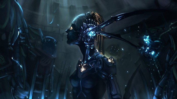 Futuristic cyborg woman with glowing blue accents