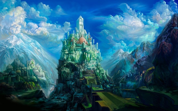 Fantasy castle on a mountain with clouds and mountains
