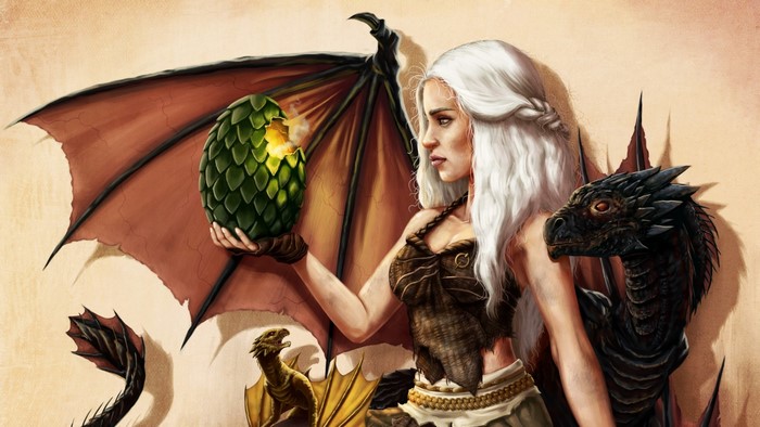 Daenerys Targaryen with Dragon Eggs and Dragons from Game of Thrones