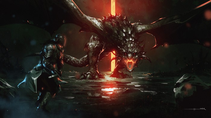 Knight facing a dragon in a dark fantasy setting