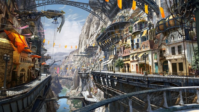 Fantasy city built into a cliffside with bridges and flying machines