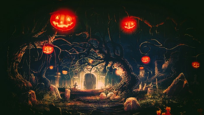 Halloween night with jack-o'-lanterns and a spooky entrance