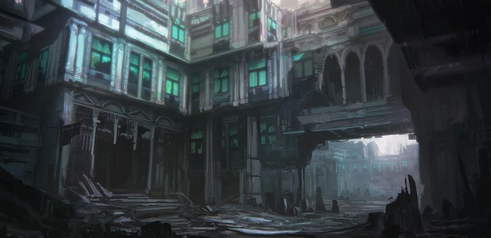 Abandoned futuristic city with glowing windows