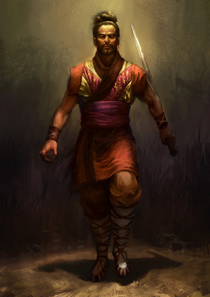 Warrior with katana sword in traditional attire