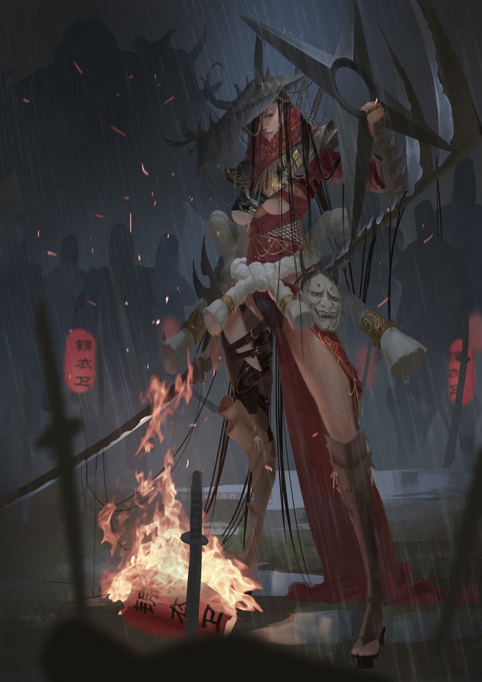Fantasy witch with mask and weapons in the rain