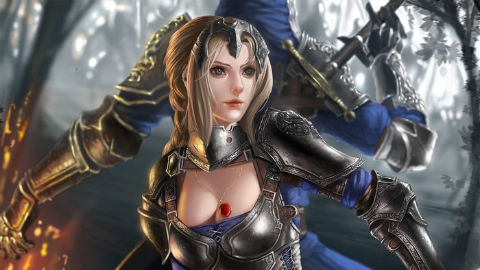 Fantasy warrior woman and knight in armor