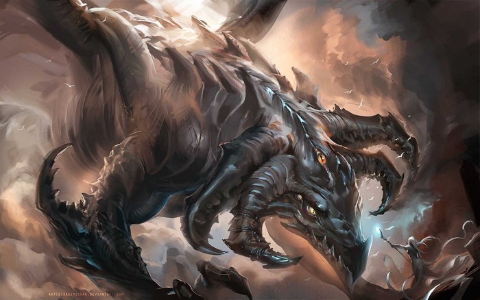 Fantasy art of a dragon and a wizard