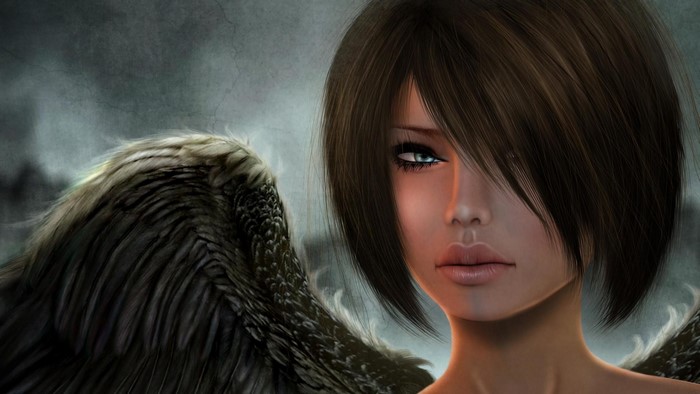 Fantasy art of an angel with dark wings