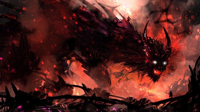 Fantasy art of a fiery creature and a warrior