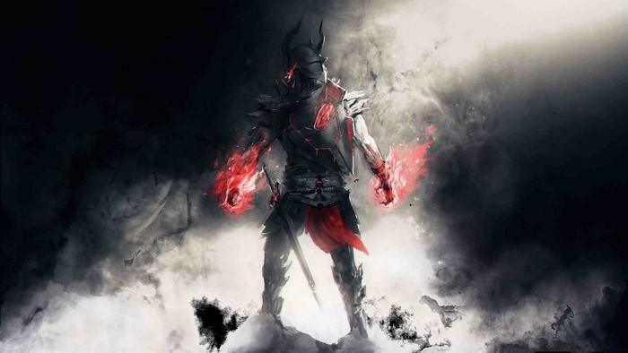 Fantasy knight with glowing red hands and sword