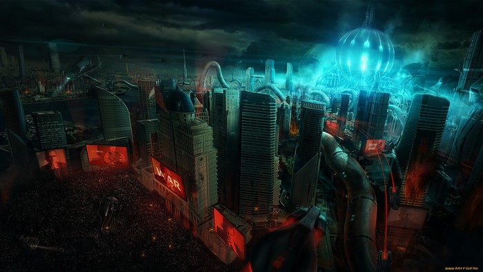 Futuristic city with war propaganda and alien technology