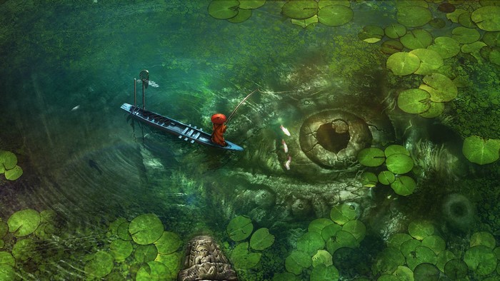 Fantasy lake with fisherman in a boat near a giant eye
