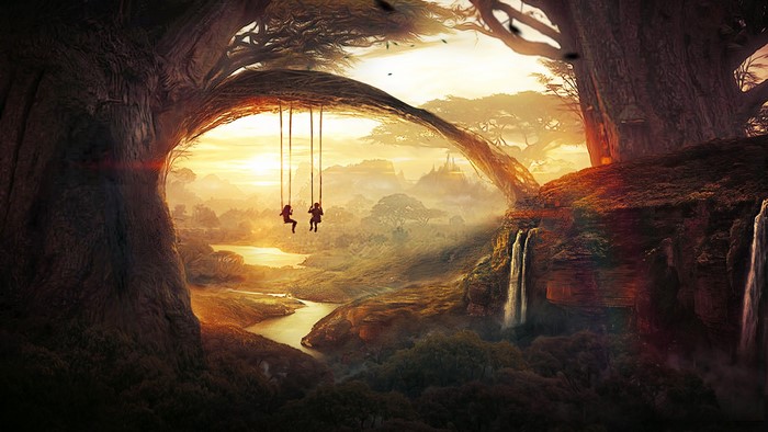 Children Swinging on Tree in Fantasy Waterfall Landscape