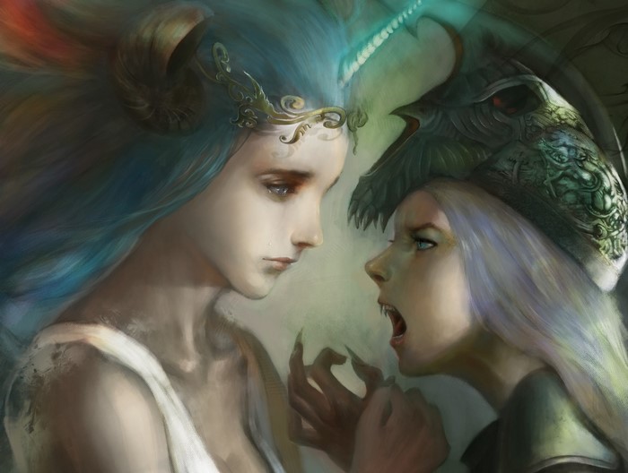 Fantasy art of two women, one with horns and blue hair, the other with fangs