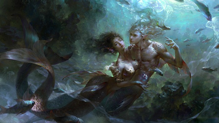 Fantasy Art of Underwater Mermaids Embracing