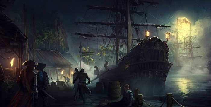 Pirates on a ship at night with a full moon