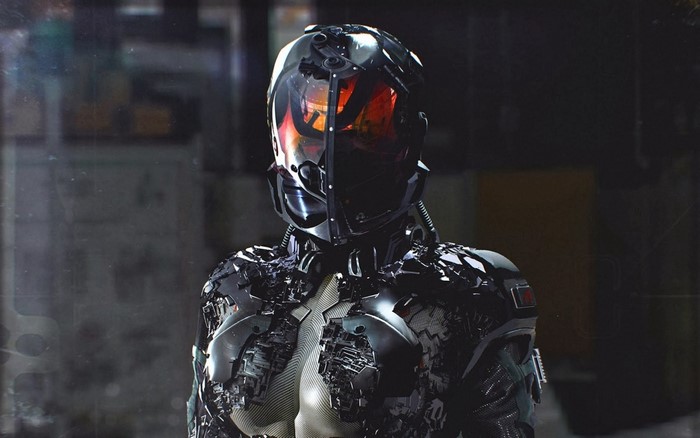 Futuristic female cyborg in dark environment