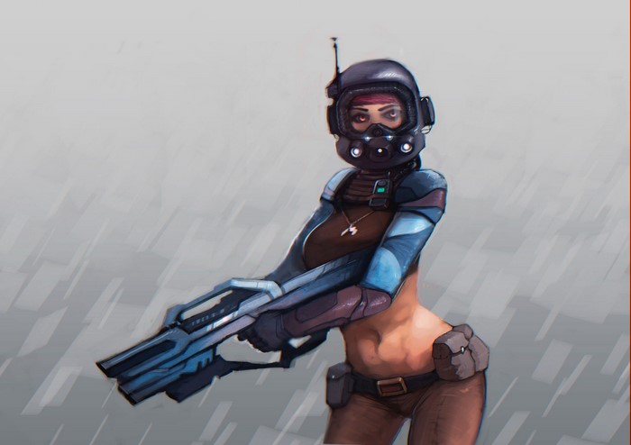 Woman in futuristic armor holding a weapon